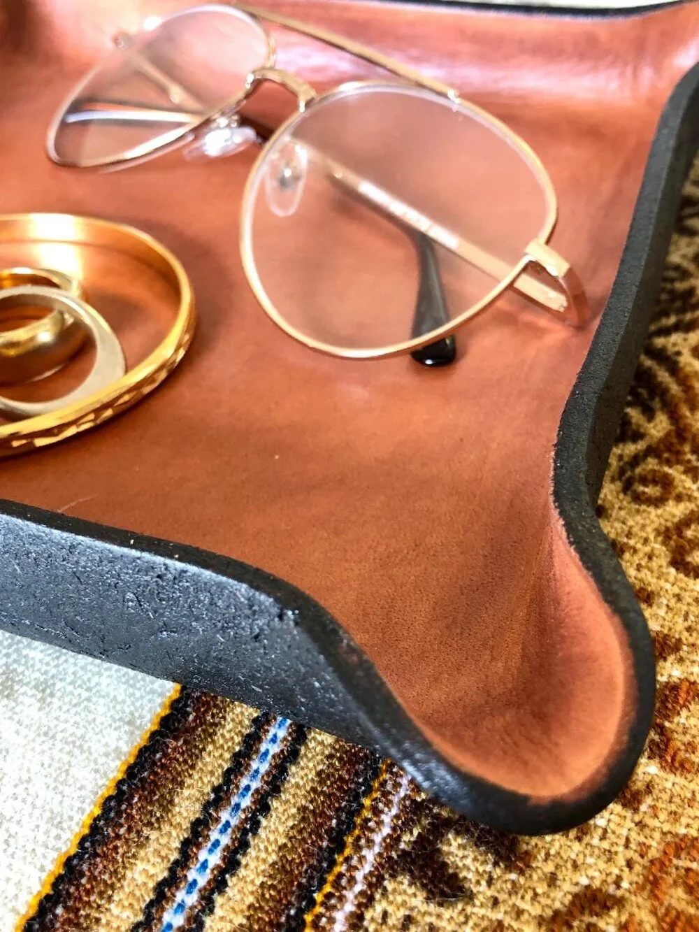 Handmade Leather Catch All Tray: Curved Corner Jewelry Key Tray, Square